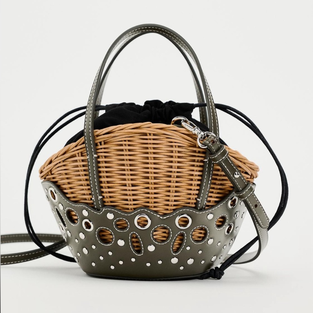 Zara studded woven basket bag , rattan leather, metal , details